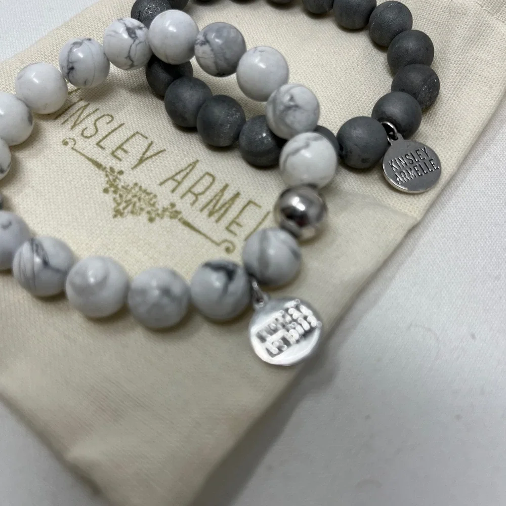 Kinsley Armelle Beaded Stretch Bracelet Set Howlite Gray Druzy 2pc w/ Tin Pouch